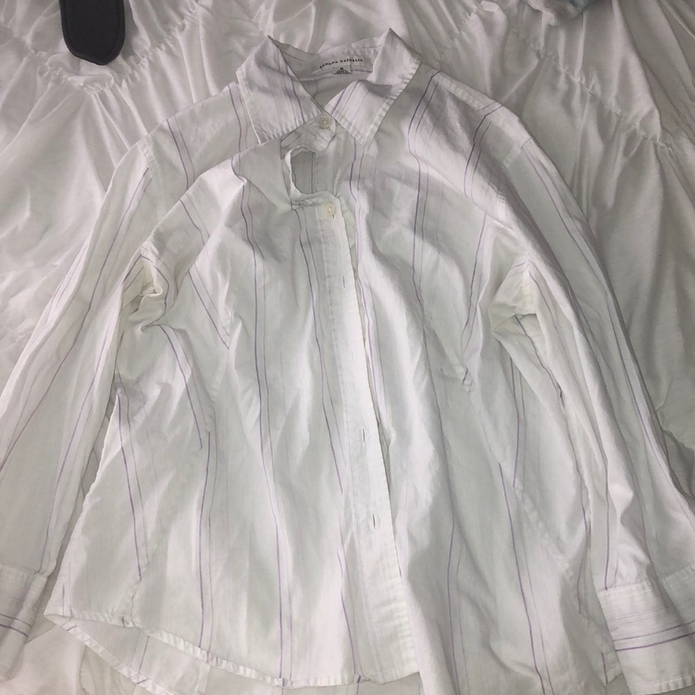 white with purple stripe button up shirt